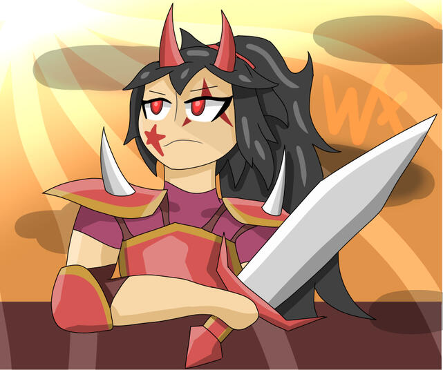 &quot;Oni Warrior&quot; A picture of an oni warrior standing heroically in a red suit of armour. I may make more art of her someday.