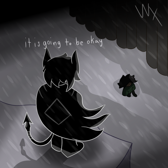 "Ambition Still Here" A drawing depicting Ambition standing on a cliffside peering down at me walking along a path. Ambition resembles a version of (????), to mimic the feeling of (????) still rooting for me in spirit, despite everything.